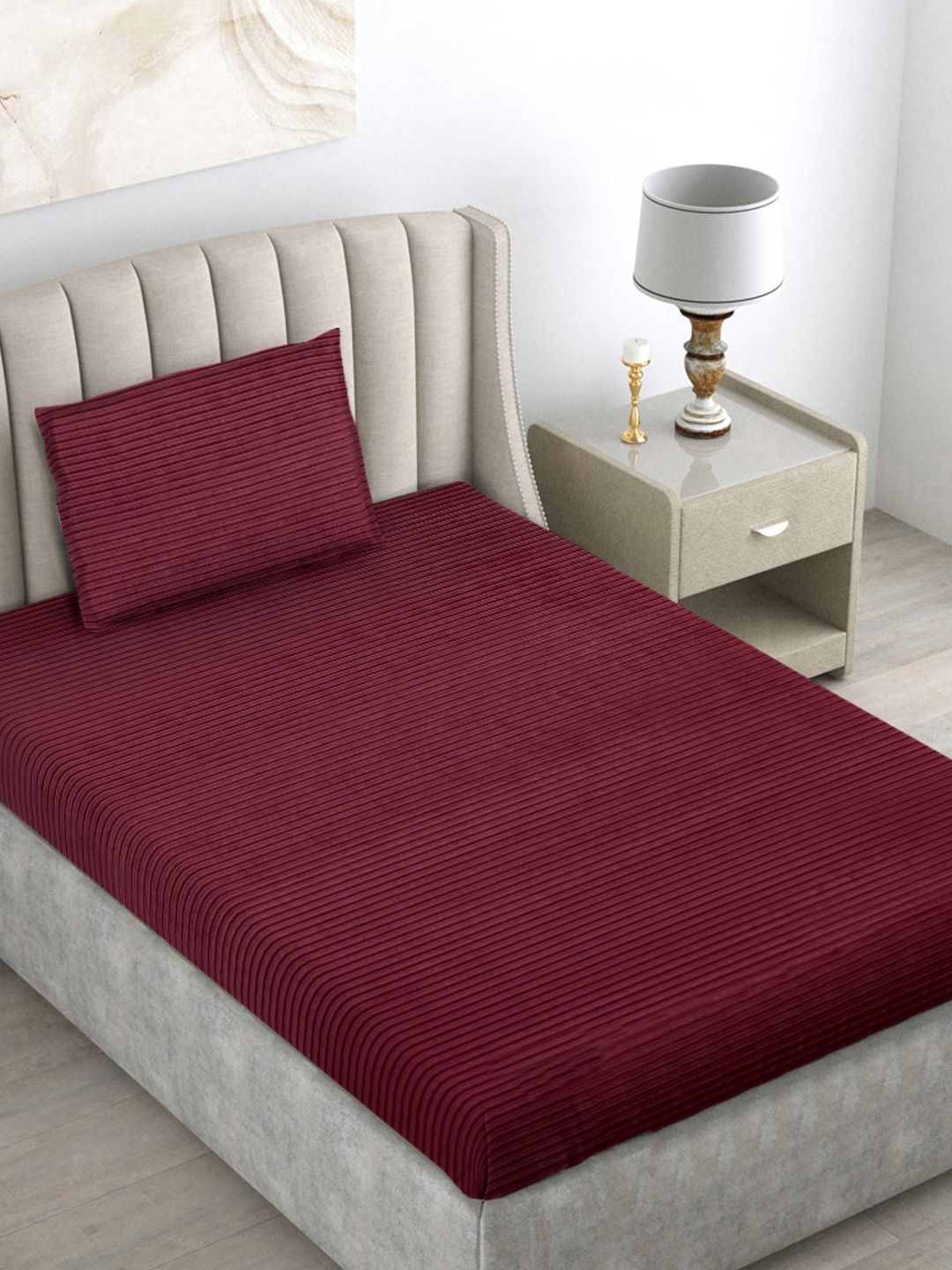 Myntra Elegant Homes Maroon Striped Woollen 300 TC Single Bedsheet Set 2.2 m x 1.5 m-picture-23