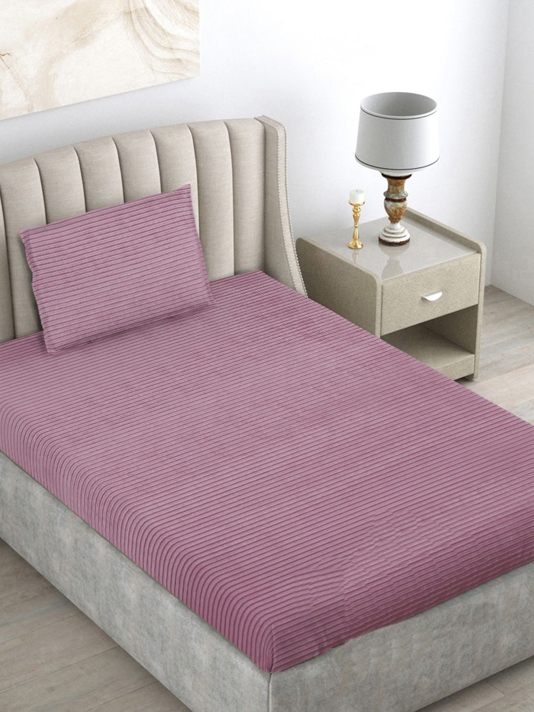 Myntra Elegant Homes Pink Striped Woollen 300 TC Single Bedsheet Set 2.2 m x 1.5 m-image-32