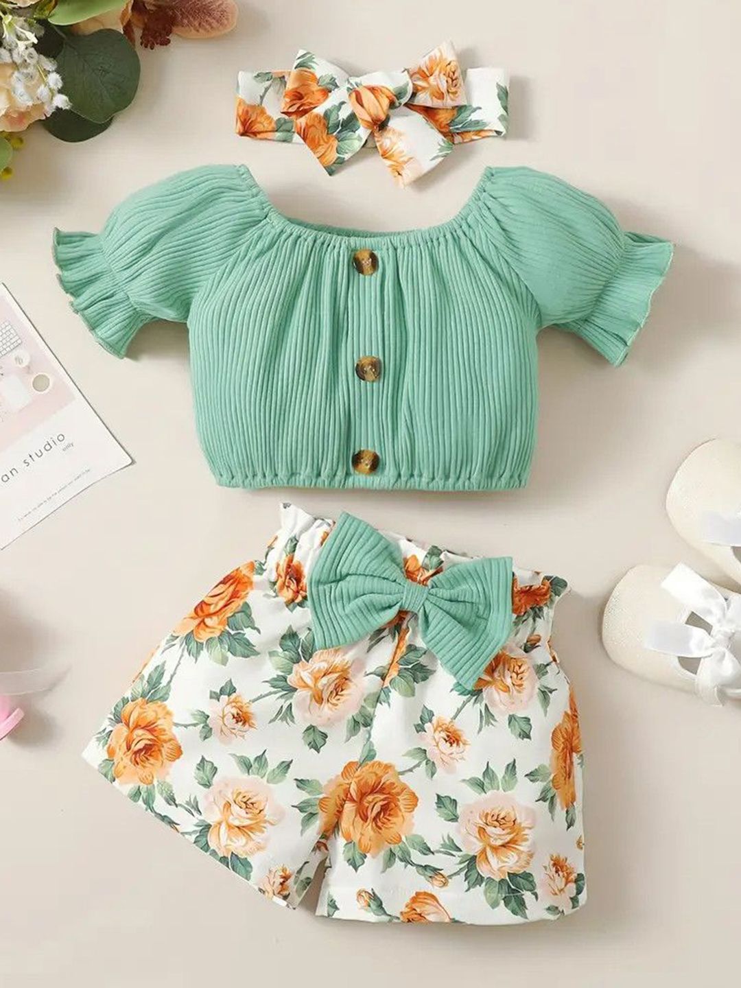 Porpy Girls Self Design Off-Shoulder Top With Shorts-picture-17