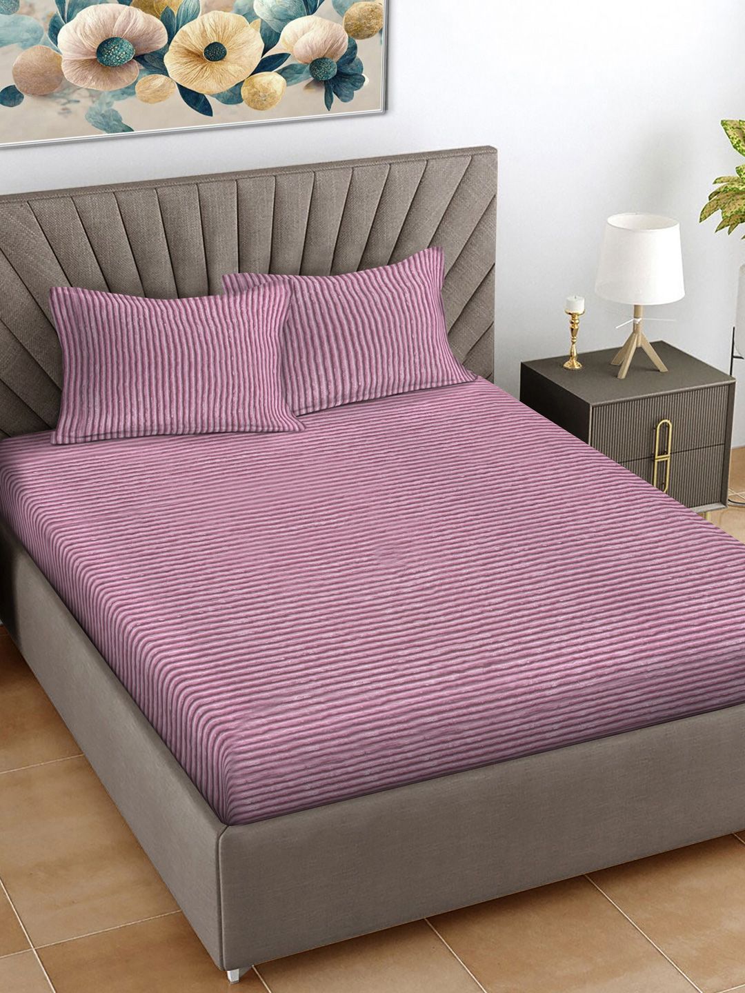 Myntra Elegant Homes Pink Striped Woollen 300 TC King Bedsheet Set 2.5 m x 2.25 m-image-29