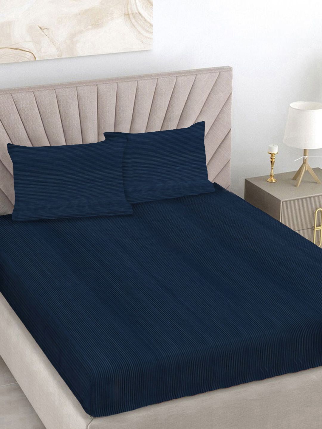 Myntra Elegant Homes Navy Blue Striped Woollen 300 TC King Bedsheet Set 2.5 m x 2.25 m-image-41