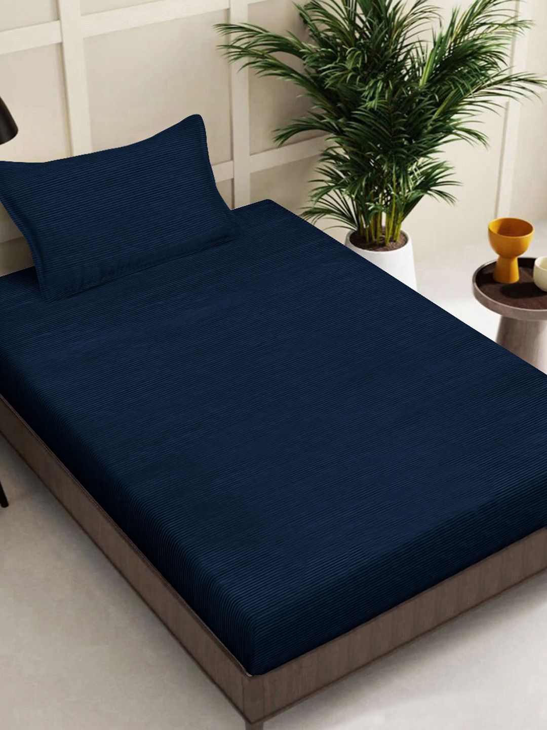 Myntra Elegant Homes Navy Blue Striped 300 TC Single Bedsheet with 1 Pillow Covers-picture-37