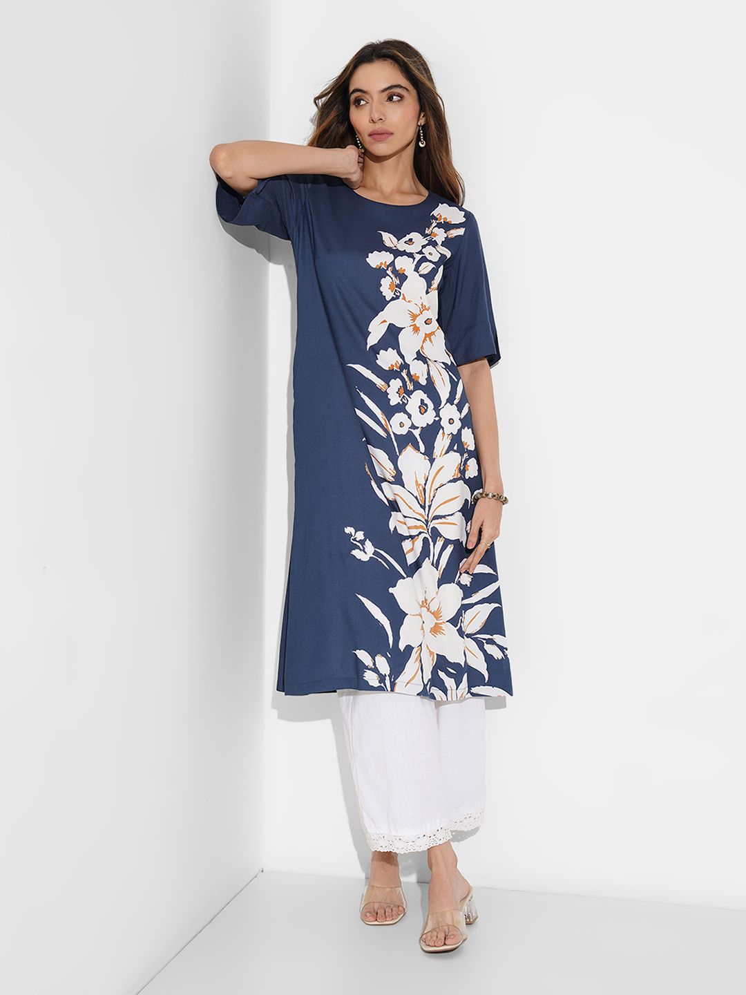 RANGMANCH BY PANTALOONS Floral Printed Slit Sleeves A-Line Kurta-picture-16