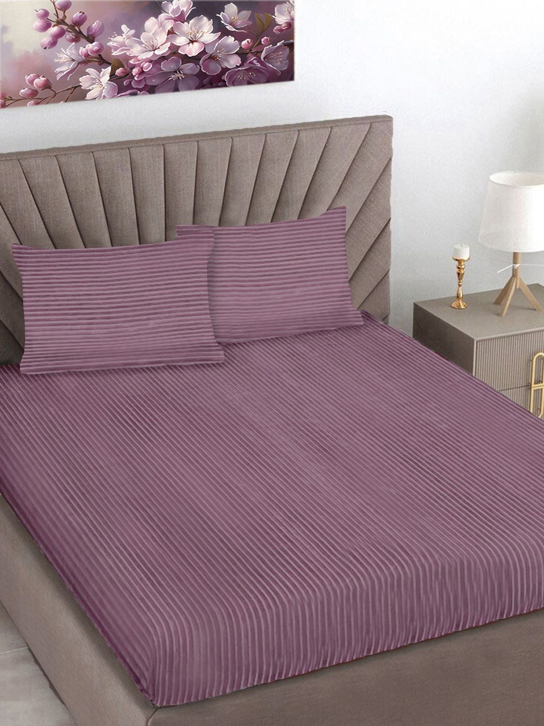 Myntra Elegant Homes Pink Striped Woollen 300TC Fitted Double King Bedsheet Set-2.5mX2.25m-image-30