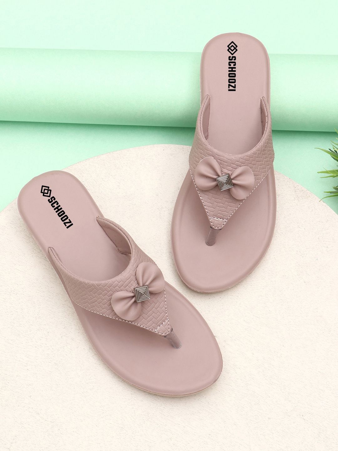 SCHOOZI Women Textured T-Strap Flats with Bows-picture-20