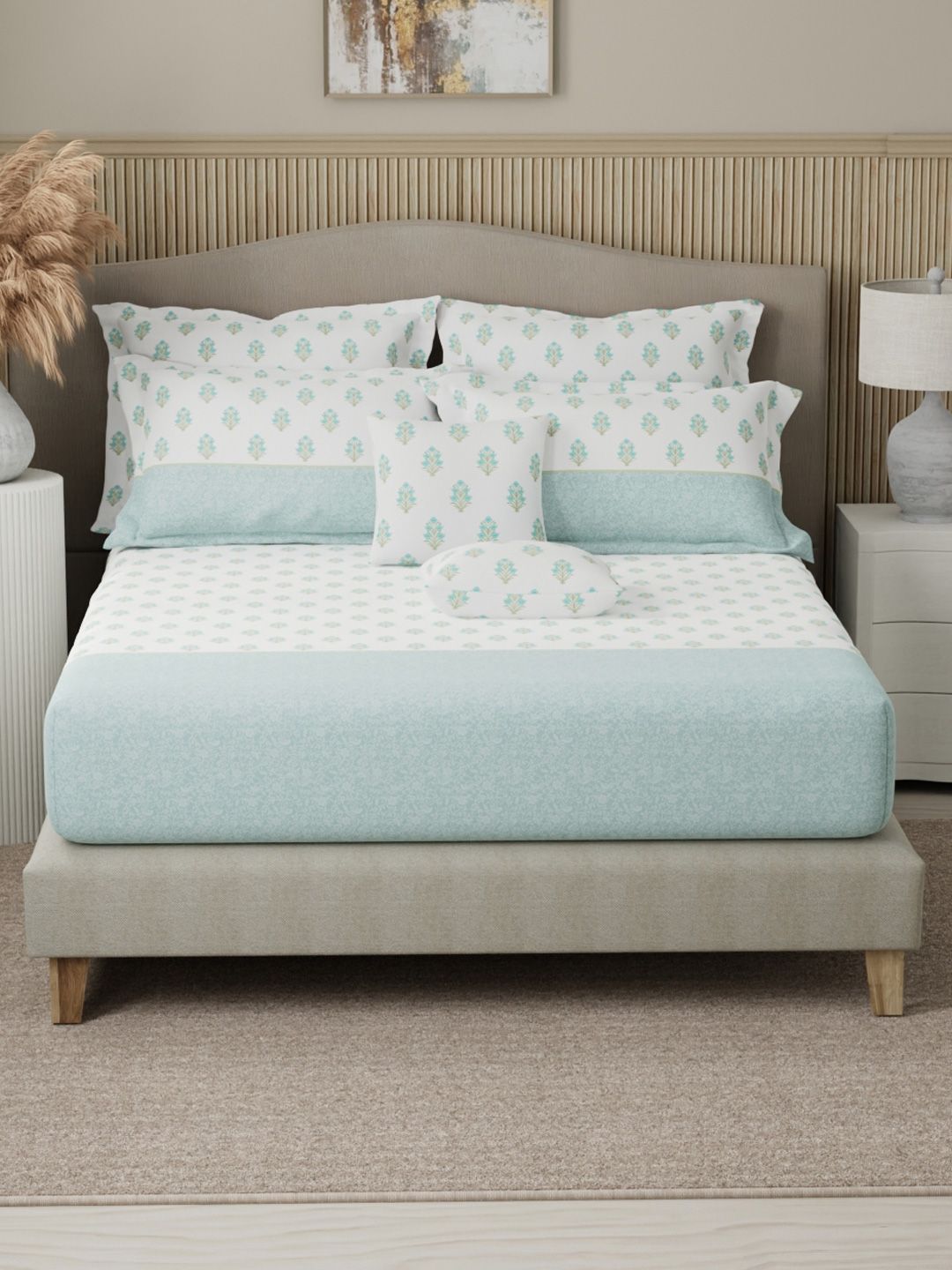 Boutique Living India Blue & White Printed 400TC Cotton King Bedsheet Set 2.74 m x 2.74 m-image-36