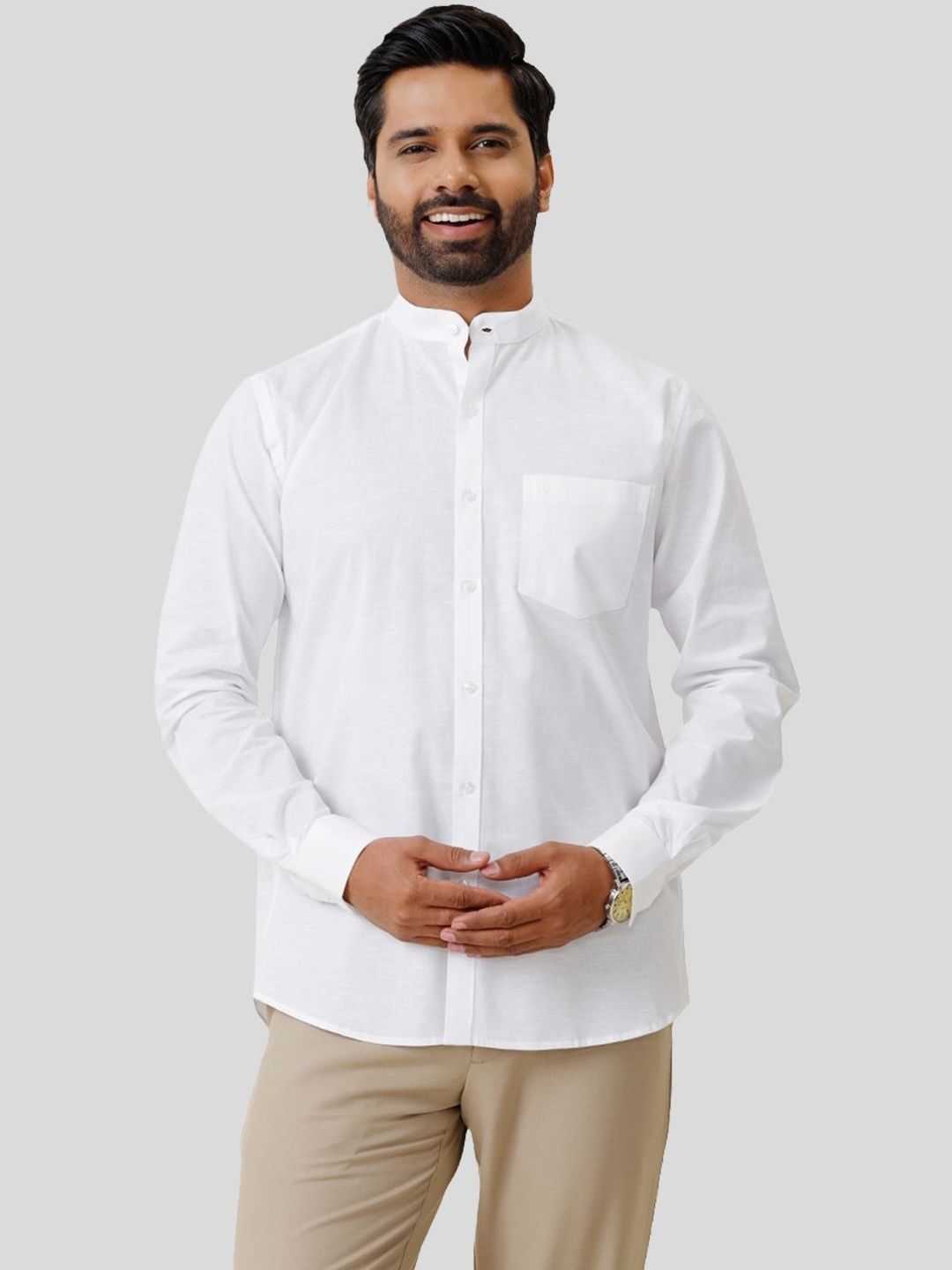 UATHAYAM Men Mandarin Collar Regular Fit Full Sleeves Formal Shirt-image-49