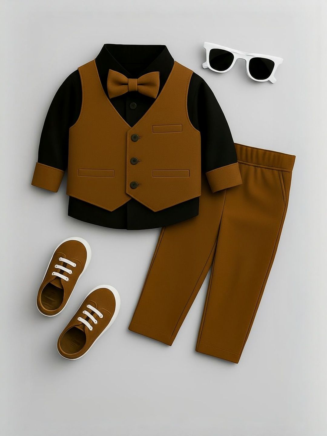 STINITY Boys Brown & Black Solid Shirt With Trousers-image-1