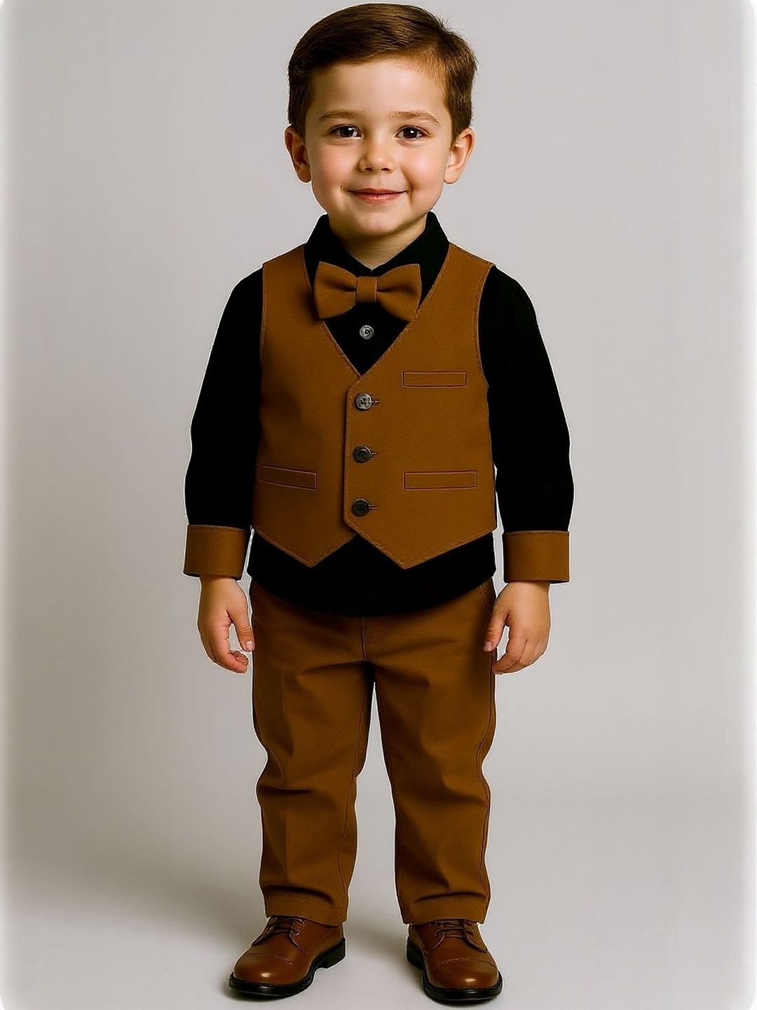 STINITY Boys Pure Cotton Brown Party Wear Suit Set with Bow Tie & Pant-image-28