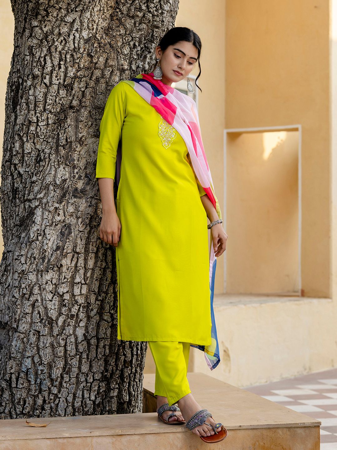 KALINI Floral Yoke Designed Regular Sequined Kurta With Trousers & Dupatta