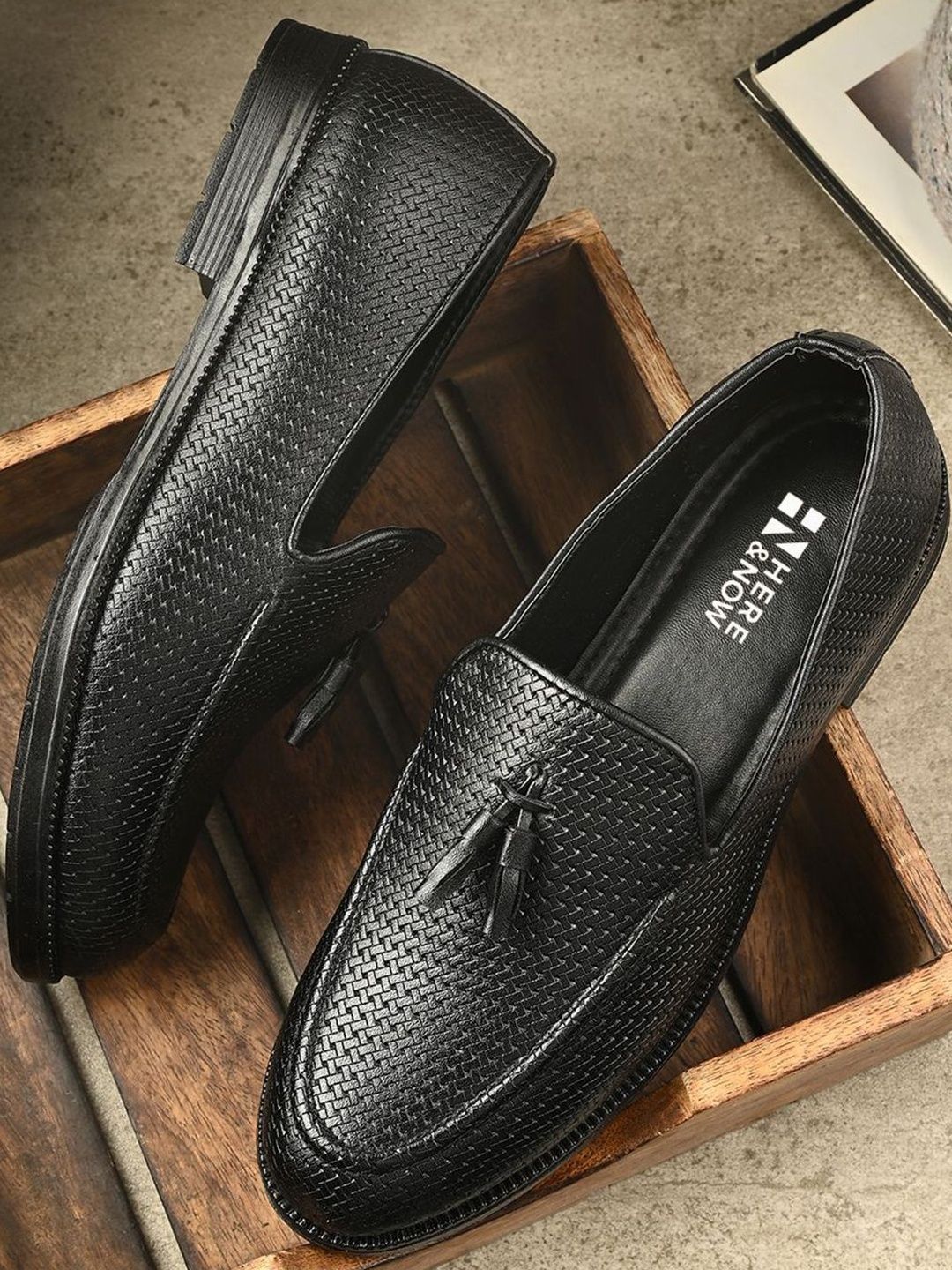 HERE&NOW Men Black Textured Slip-On Loafers Formal Shoes-image-46