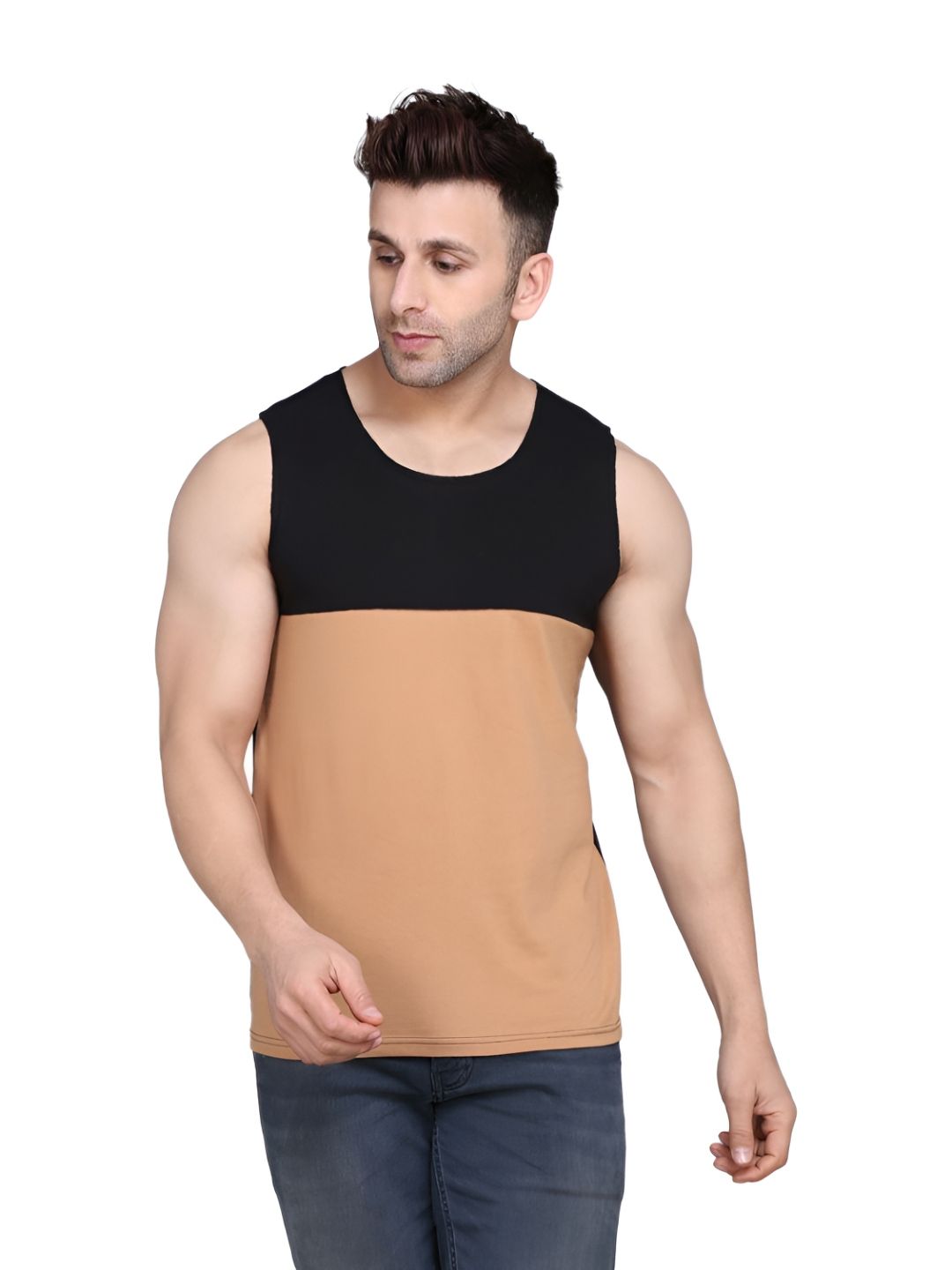 SLOWLORIS Pack Of 2 Colourblocked Round Neck Sleeveless Bio-Wash Cotton Gym Vests-picture-33