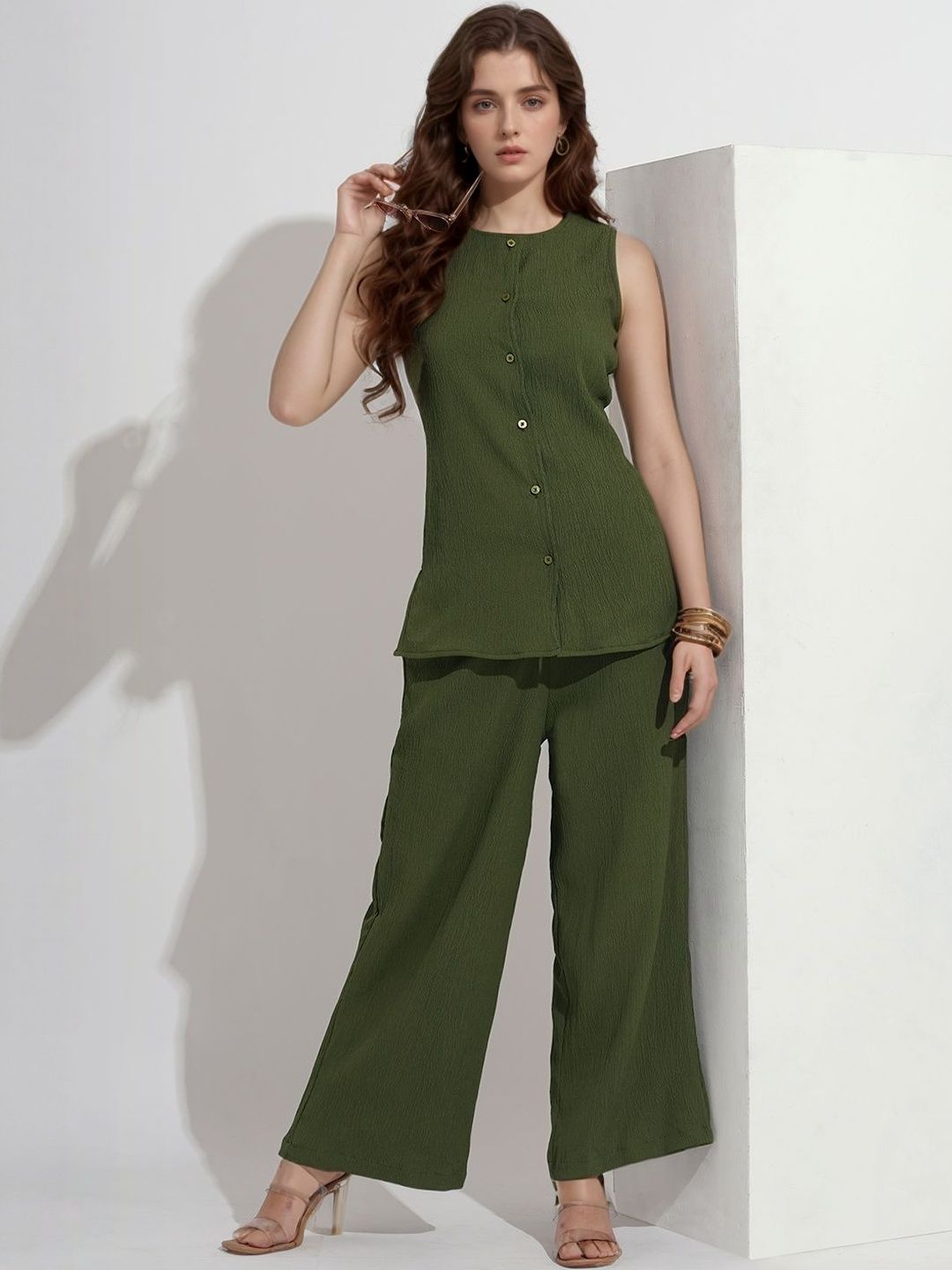 DressBerry Women Olive Self Design Polyester Co-Ords-picture-39