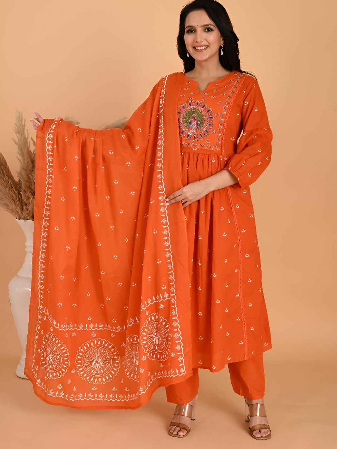 Vogue by Avantika Floral Printed Thread Work Pure Cotton Kurta With Trousers & Dupatta-picture-22
