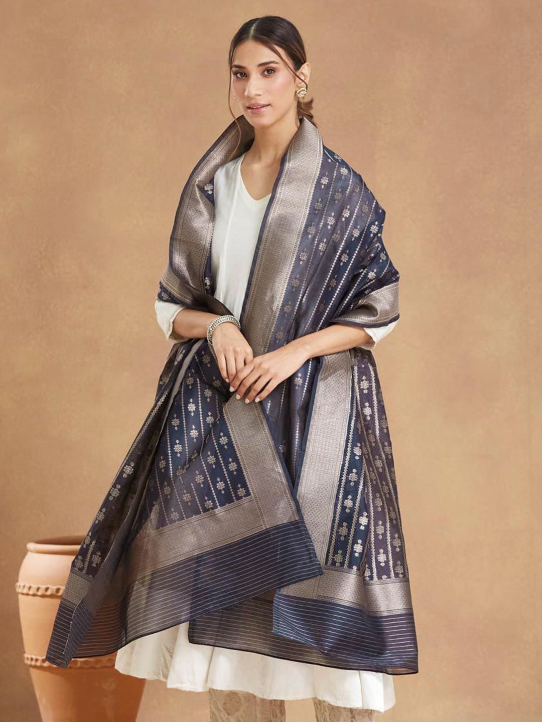 Fabindia Floral Woven Design Cotton Silk Dupatta-picture-31