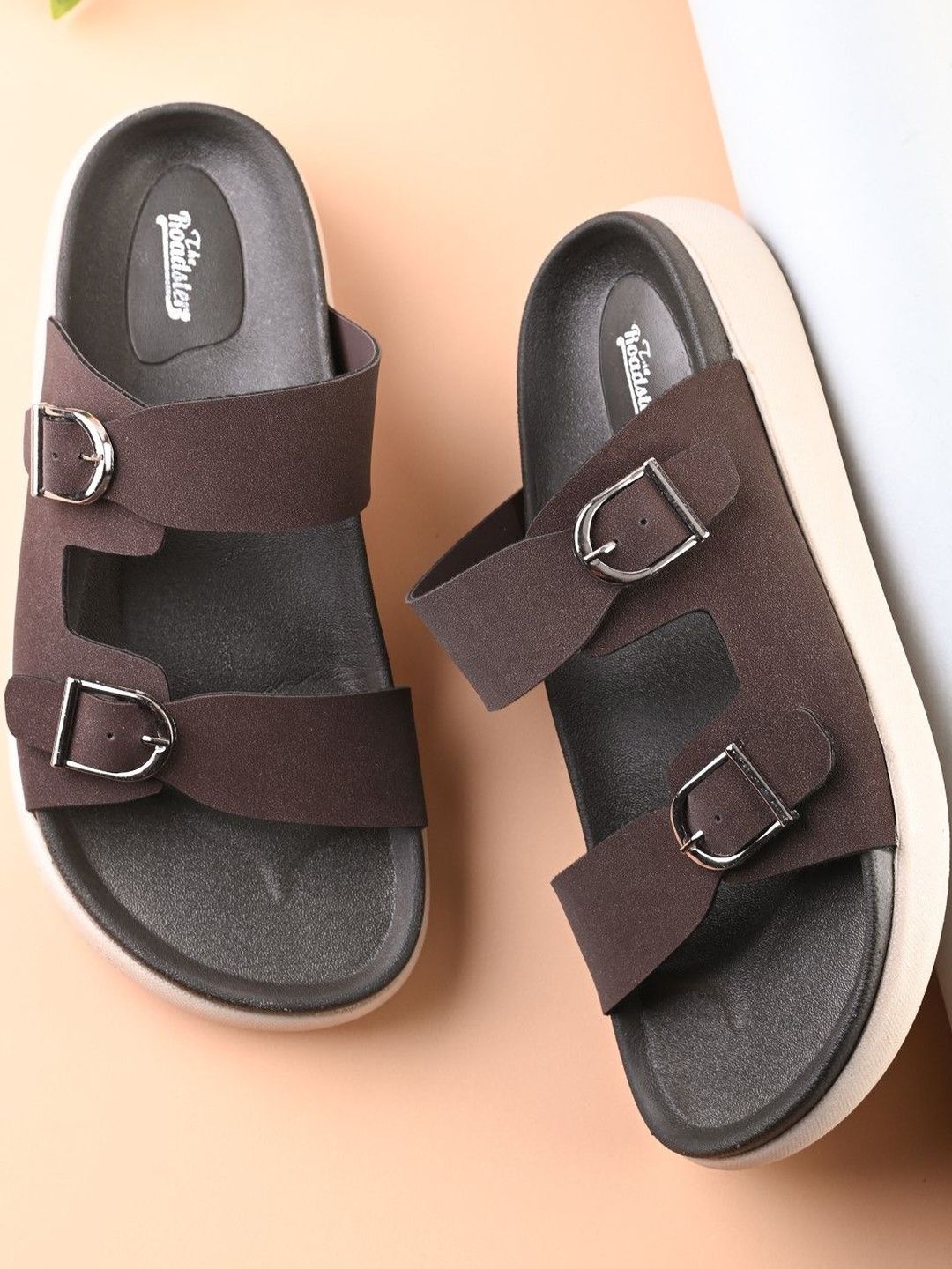Roadster Men Brown Solid PU Comfort Sandals with buckle Fastening-image-22