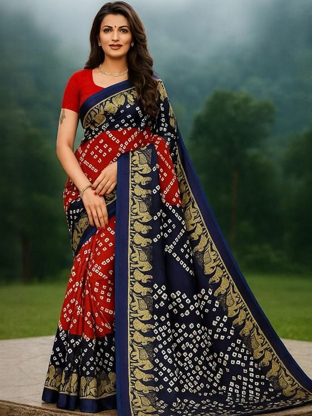 Moda Rapido Women Red & Blue Art Silk Bandani Printed Saree-picture-23