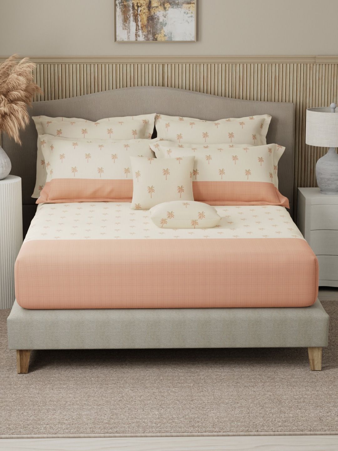 Boutique Living India Peach Printed 400TC Cotton King Bedsheet Set 2.74 m x 2.74 m-image-35