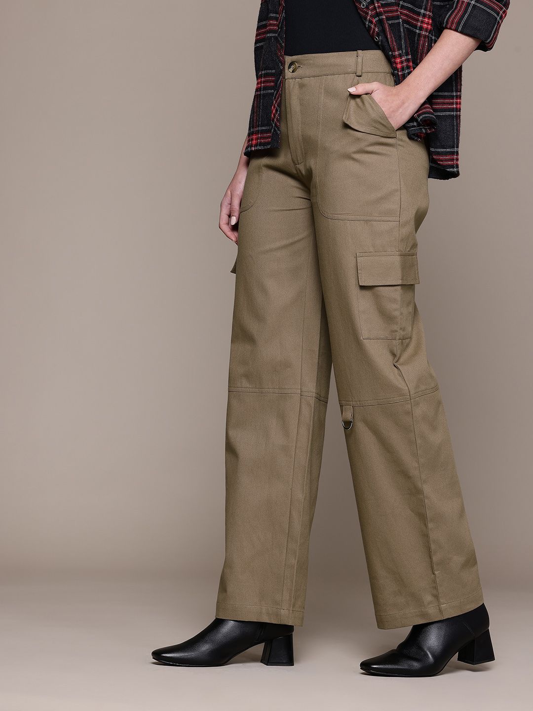 Popnetic Women High-Rise Pure Cotton Twill Weave Cargo-Style Wide Leg Trousers-picture-26