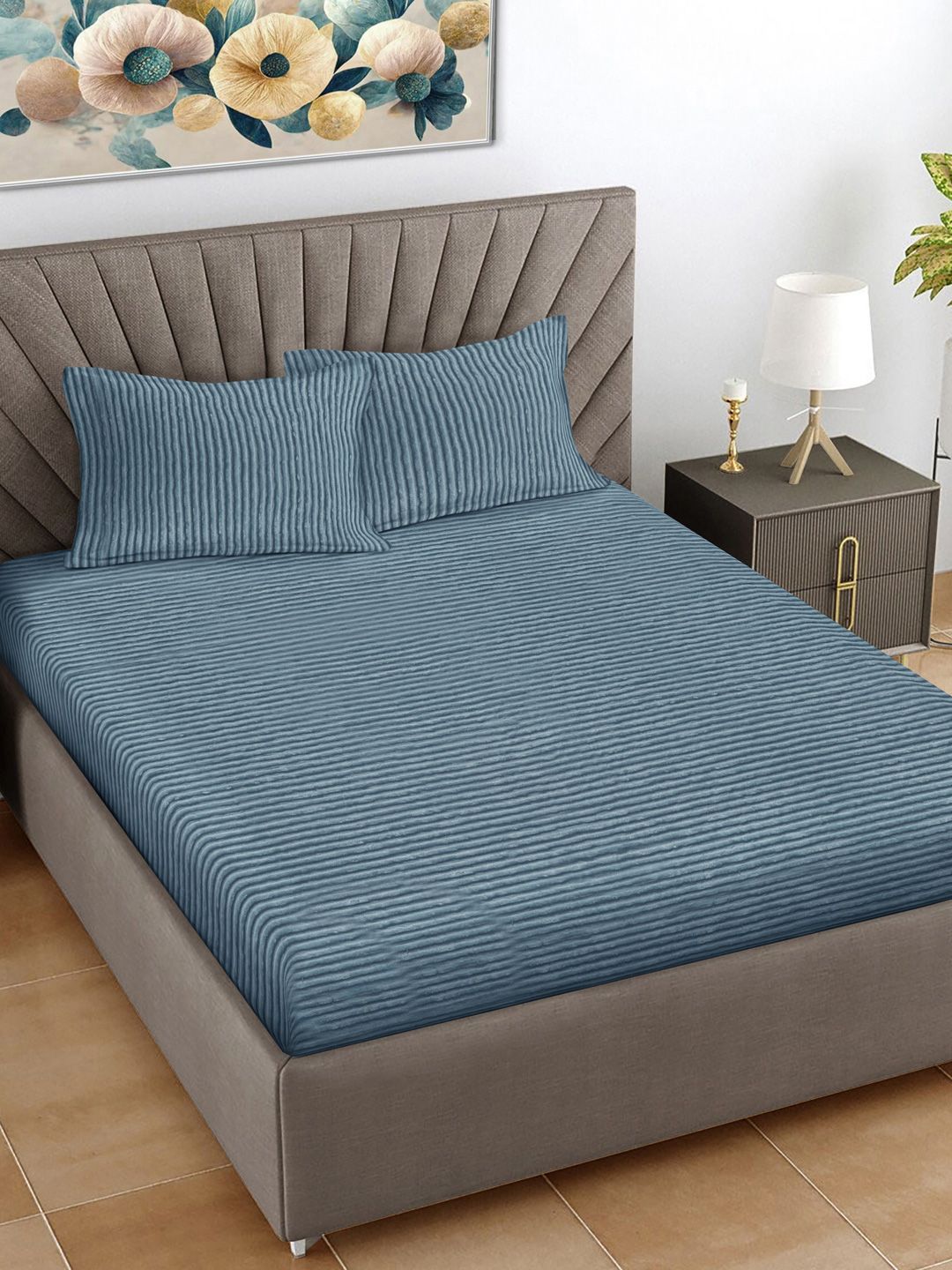 Myntra Elegant Homes Blue Striped Woollen 300 TC King Bedsheet Set 2.5 m x 2.25 m-image-48