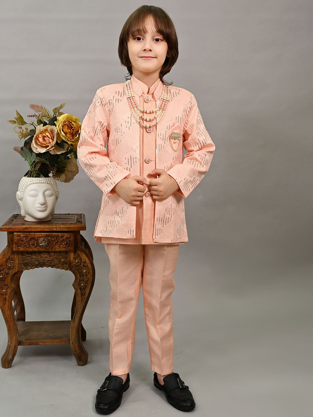 BT DEZINES Boys Sequined Embroidered Silk Mandarin Collar Sherwani Set-picture-20