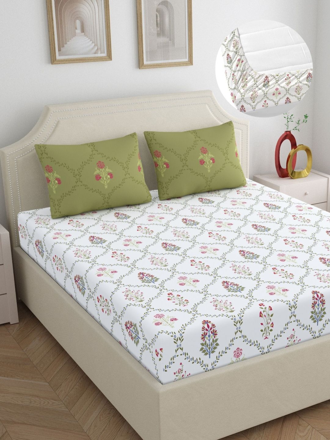 Home Ecstasy Green & White Floral 140 TC Pure Cotton King Bedsheet Set 1.83 m x 1.98 m-picture-36