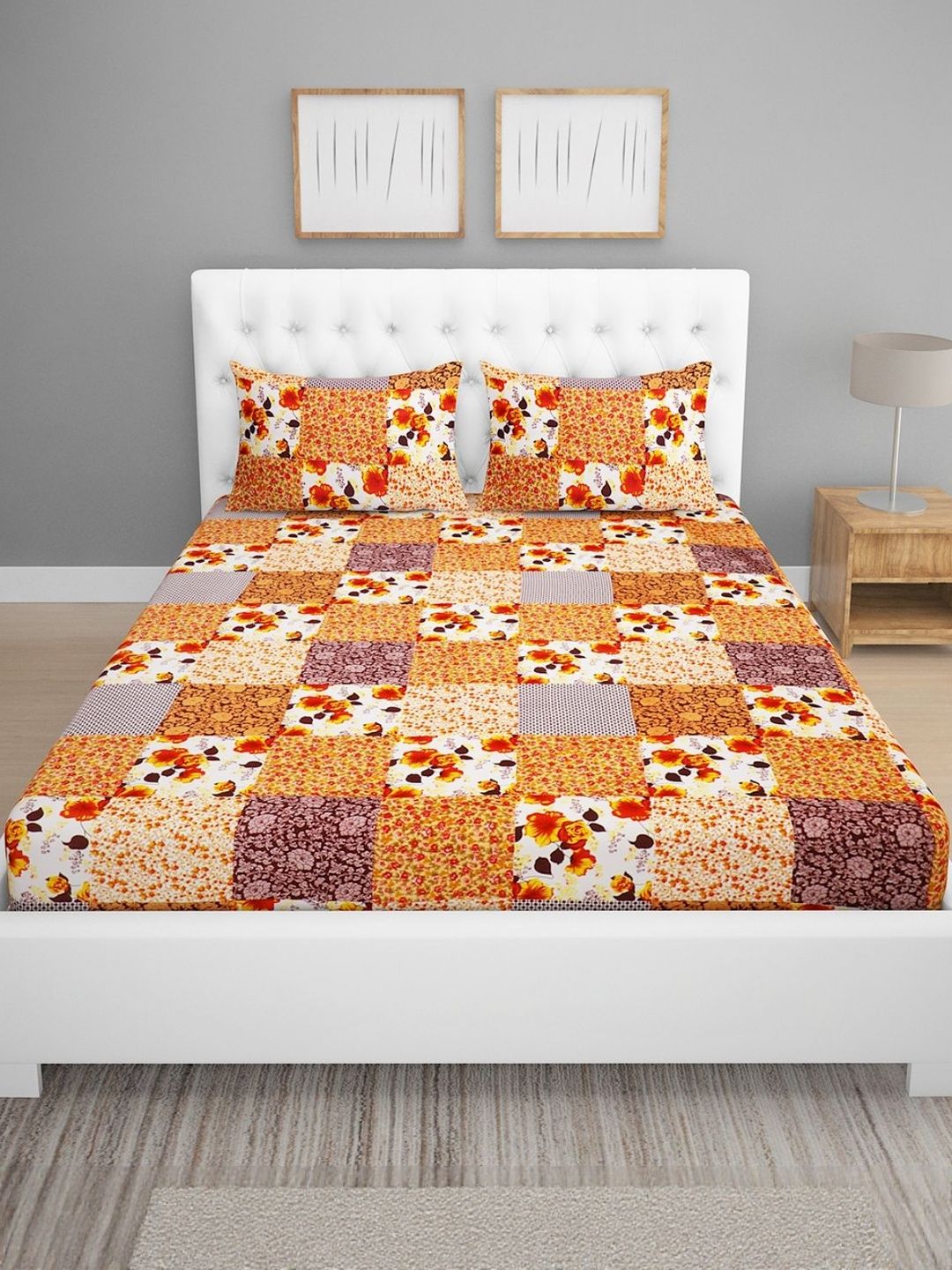 Myntra Elegant Homes Beige Floral 144 TC Queen Bedsheet with 2 Pillow Covers-picture-23