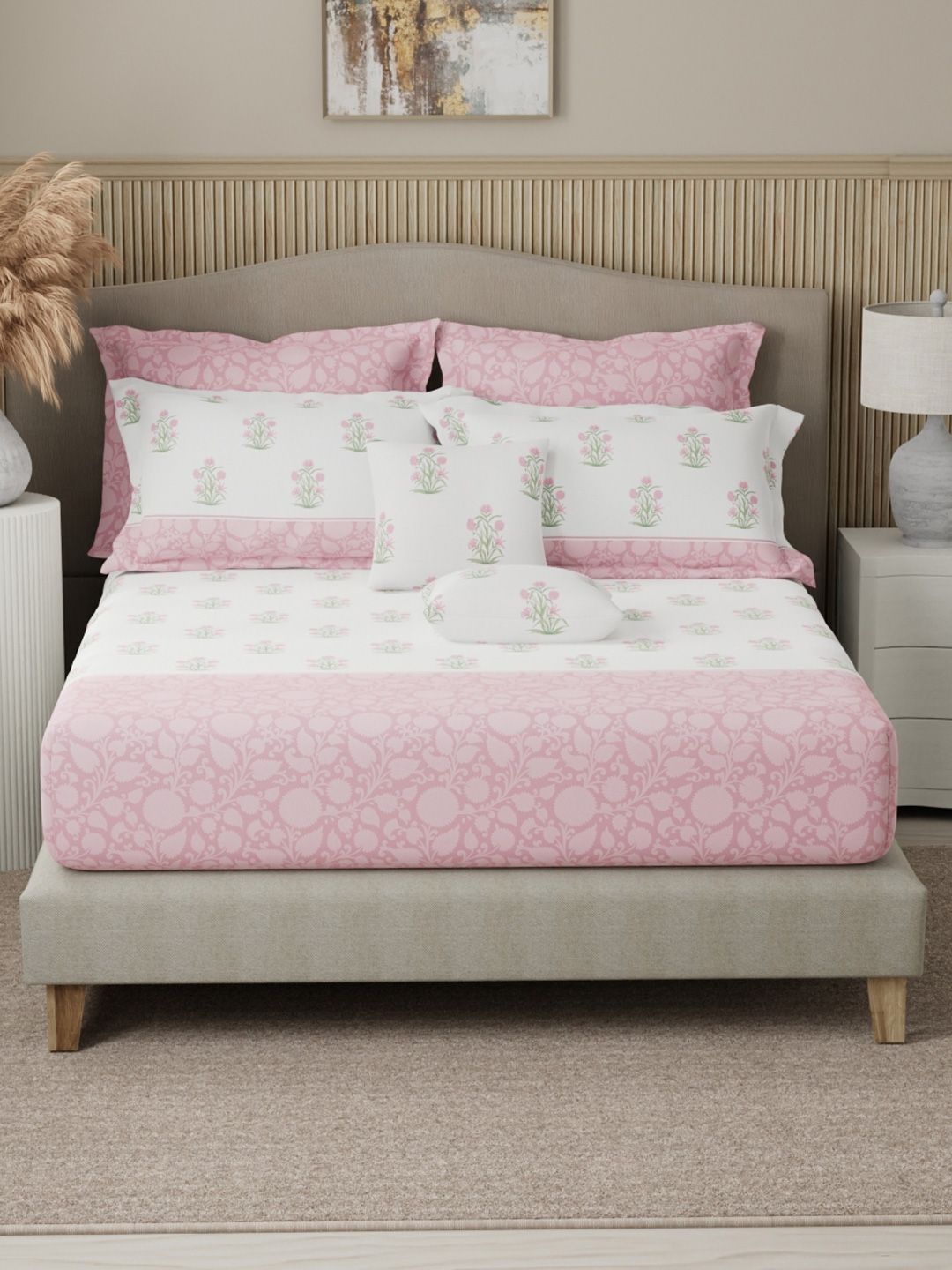 Boutique Living India Pink & White Printed 400TC Cotton King Bedsheet Set 2.74 m x 2.74 m-image-45