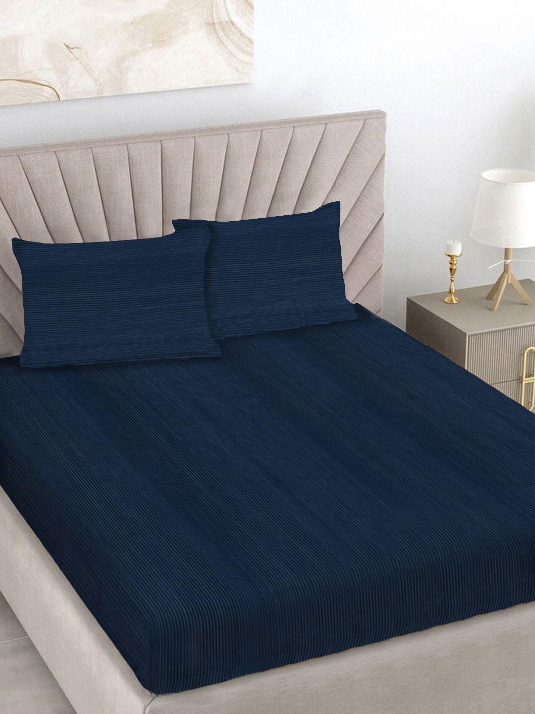 Myntra Elegant Homes Navy Blue Striped Woollen 300 TC King Bedsheet Set 2.5 m x 2.25 m-image-42