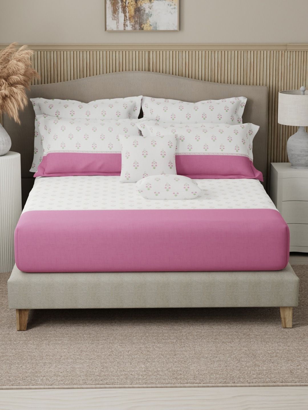 Boutique Living India Pink & White Printed 400TC Cotton King Bedsheet Set 2.74 m x 2.74 m-image-42