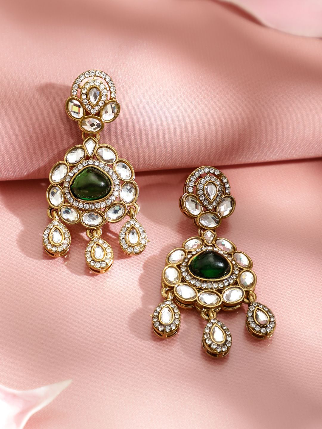 Rubans 22K Gold-Plated Emerald Green & White Kundan and Cubic Zirconia Chandelier Earrings-picture-47