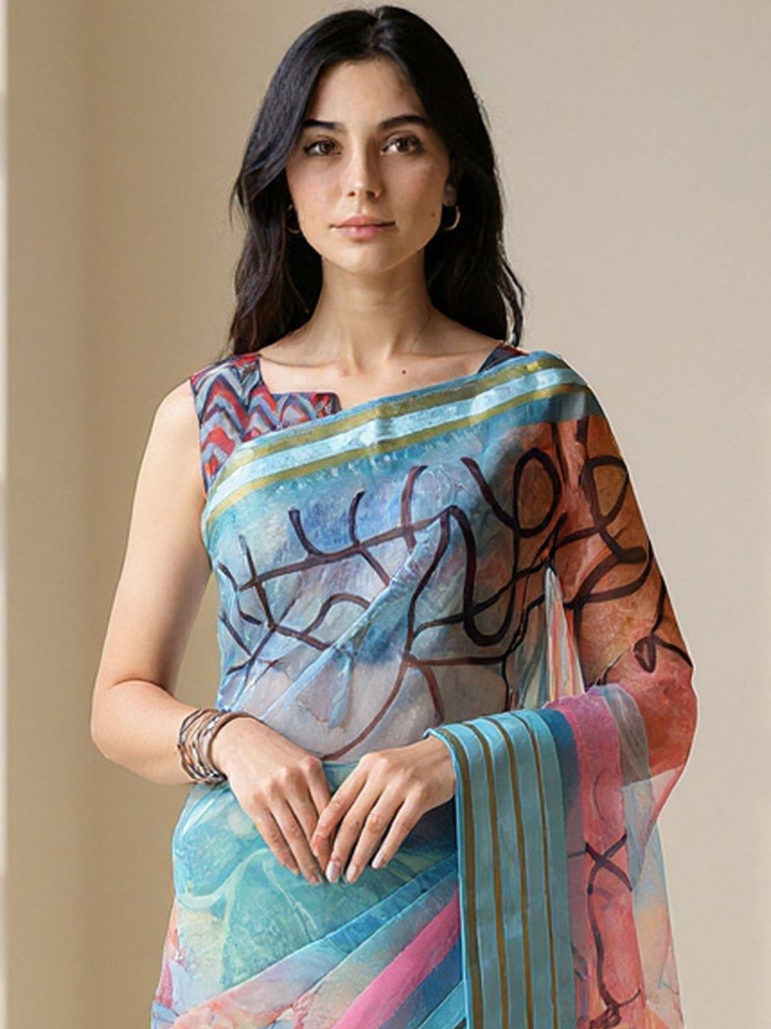 Anouk Rustic Abstract Printed Zari Organza Saree-picture-29