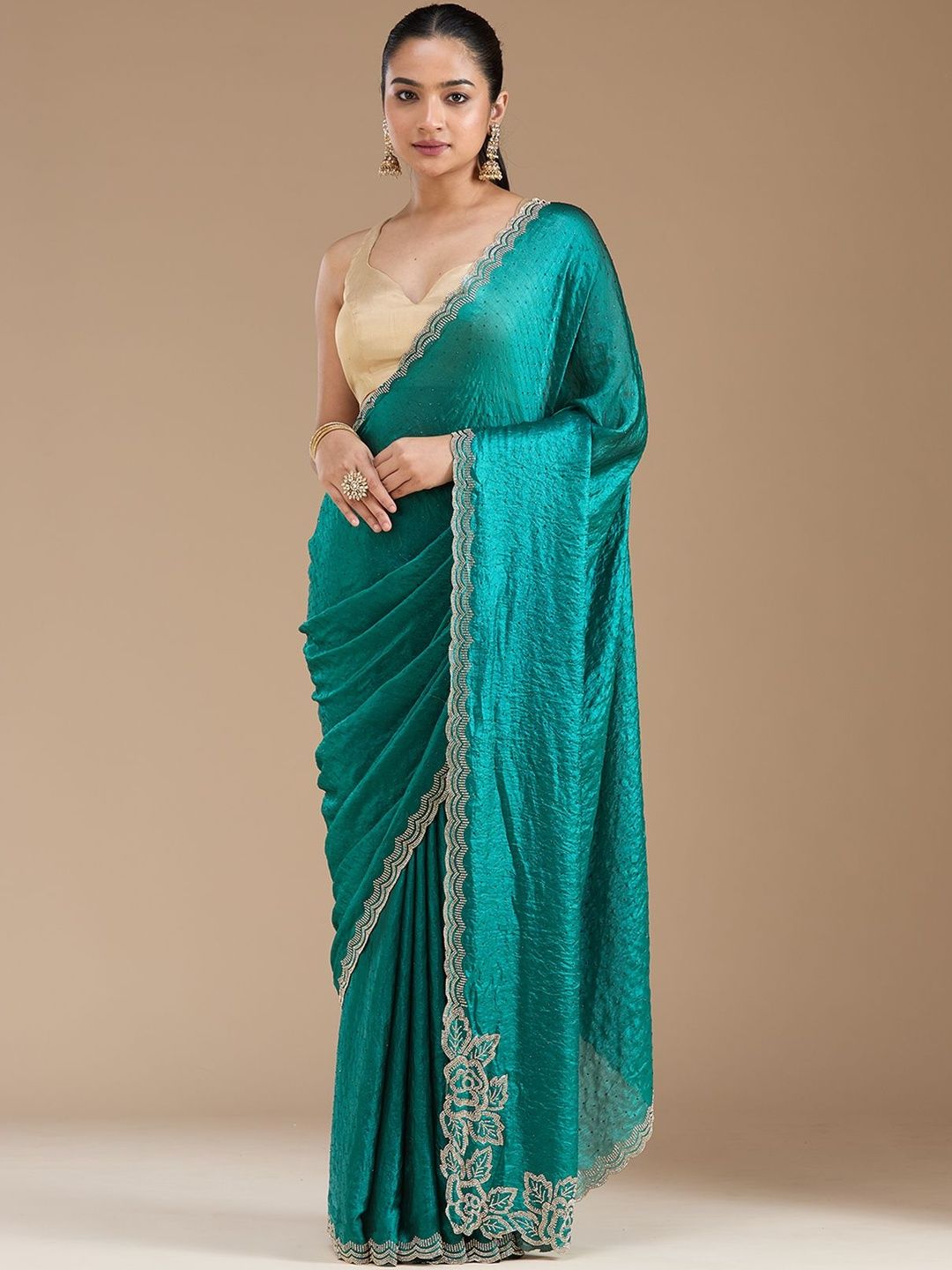 Koskii Rama Green Stonework Chiffon Saree-picture-50