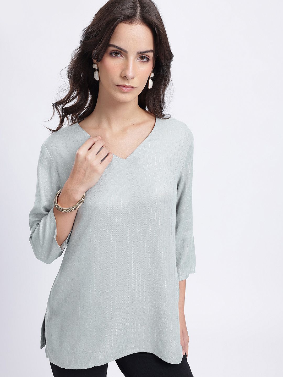Anouk Rustic Striped Woven Design V-Neck Straight Kurti-picture-37