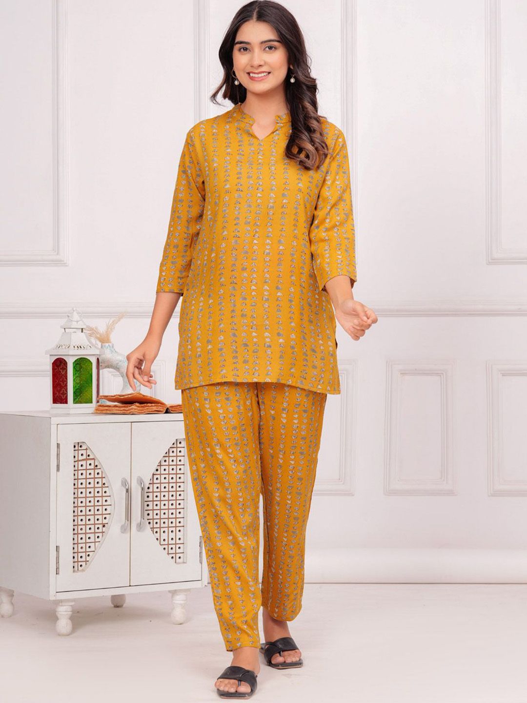 Chandbaali Printed Pure Cotton Mandarin Collar Top With Trouser-picture-35