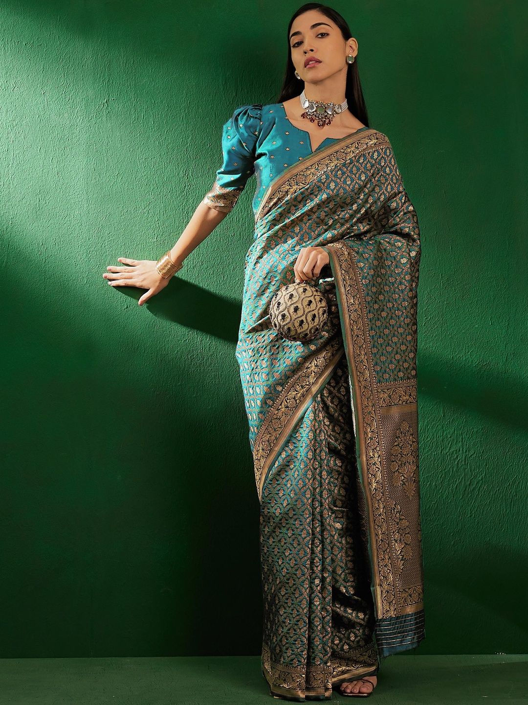 Desi Fusion Ethnic Motifs Woven Design Zari Saree-picture-13