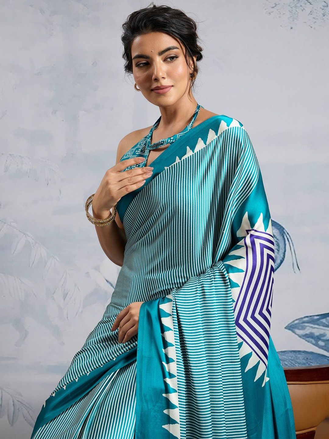 Anouk Rustic Striped Satin Silk Saree With Unstitched Blouse-picture-23