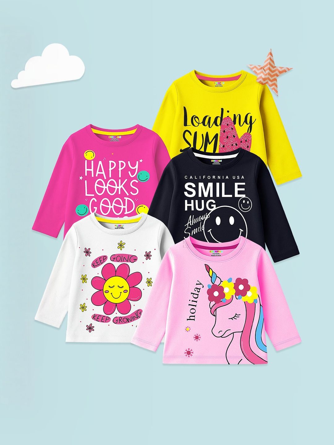 KUCHIPOO Girls Pack Of 5 Cotton Printed T-shirts-picture-11