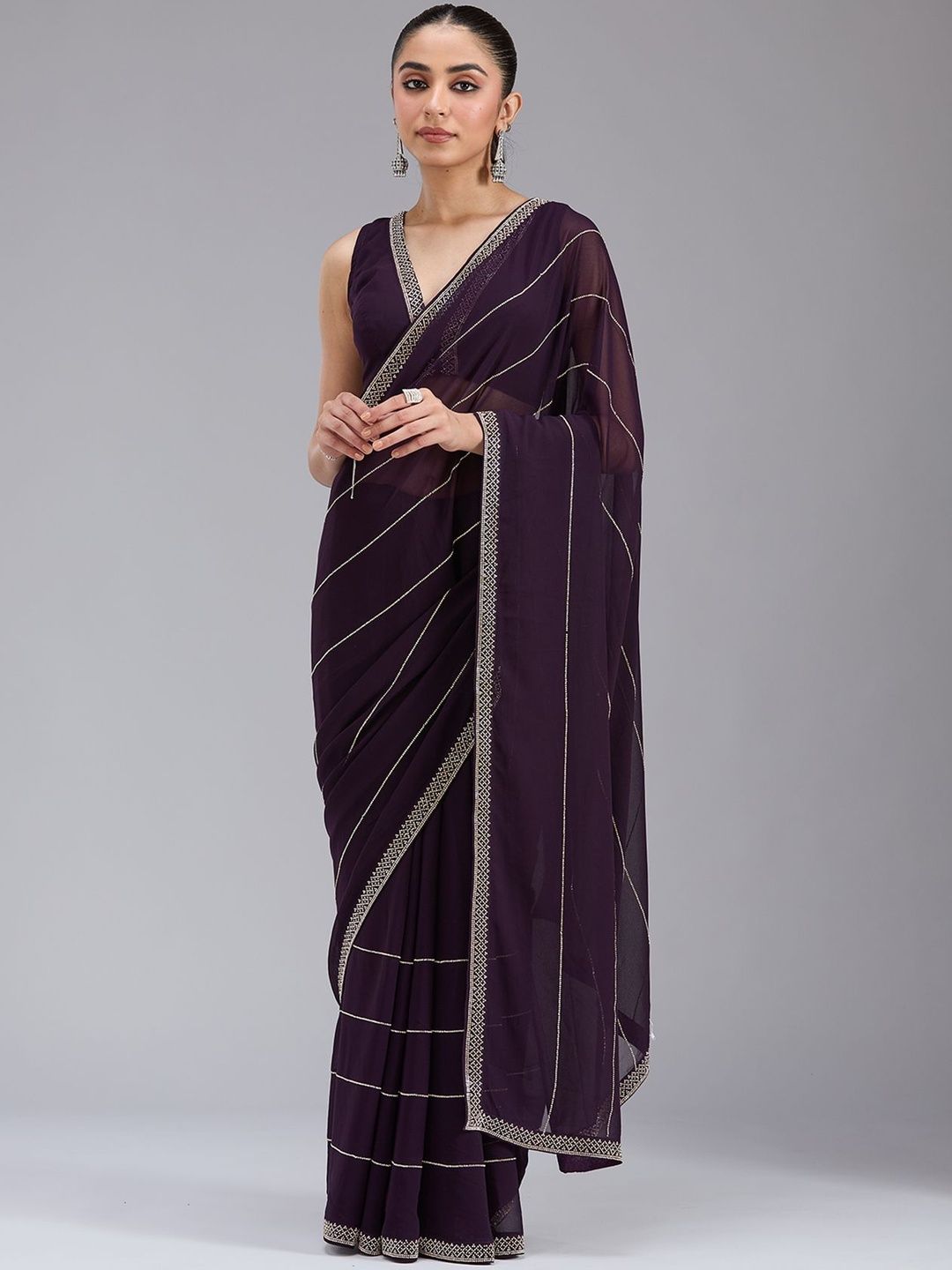 Koskii Women Stonework Purple Georgette Saree With Unstitched Blouse-picture-50