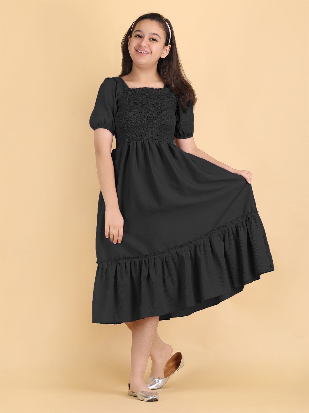 Pinly Puff Sleeve Crepe Fit & Flare Midi Dress-image-42