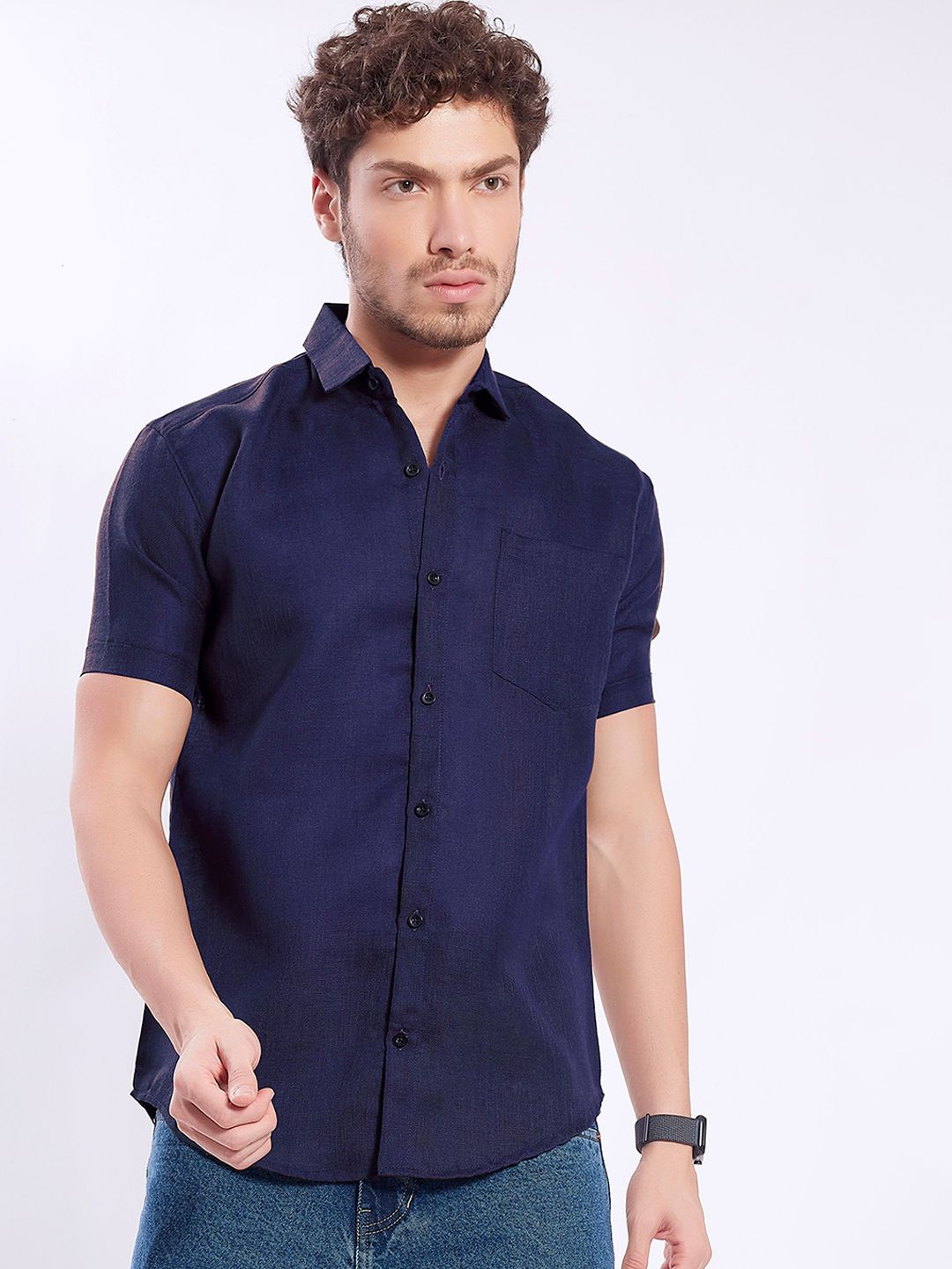 DIVISIVE Men Comfort Slim Fit Solid Spread Collar Linen Casual Shirt-picture-23