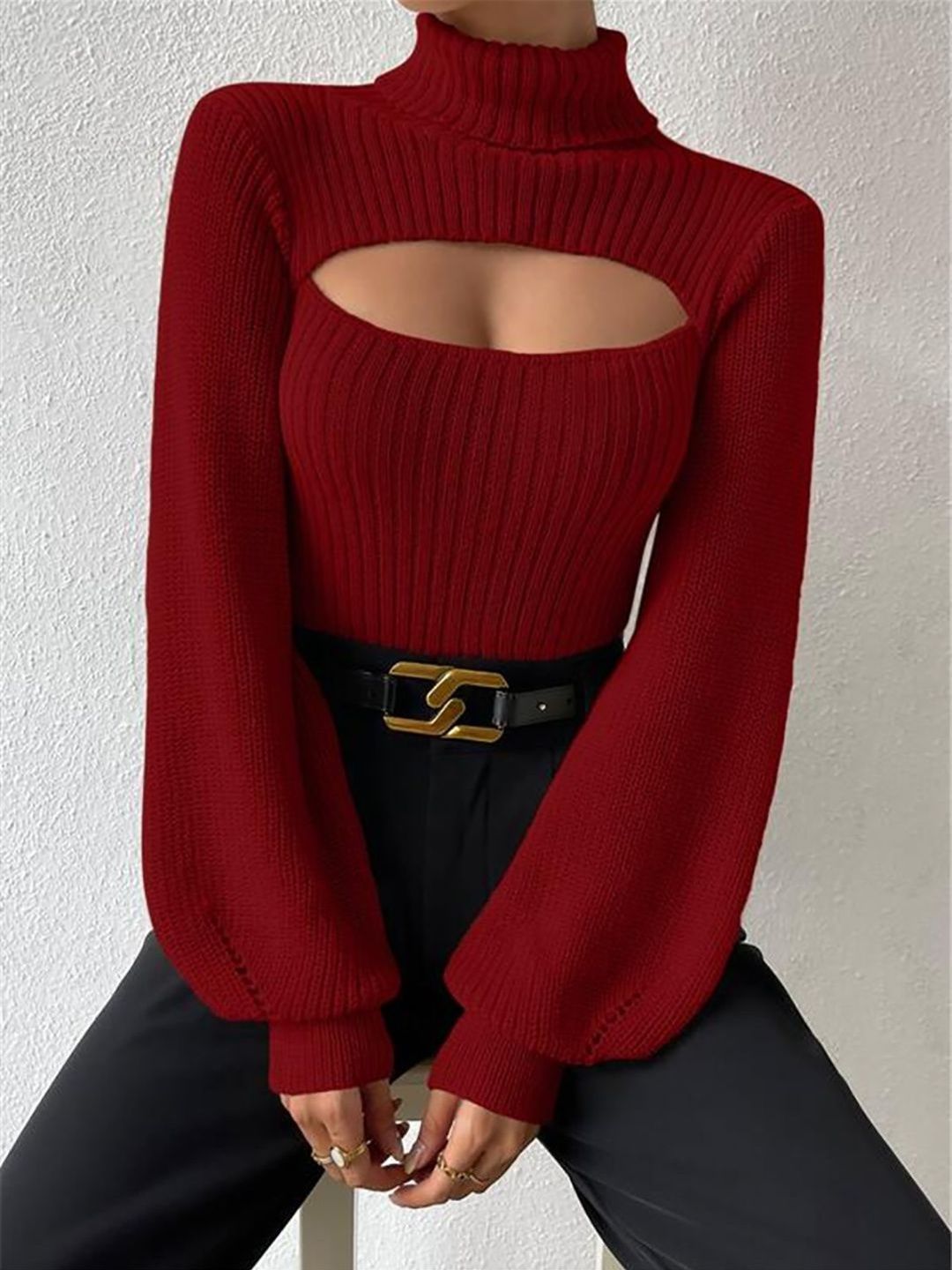 StyleCast Ribbed Cut Out Detail Turtle Neck Pullover-picture-40