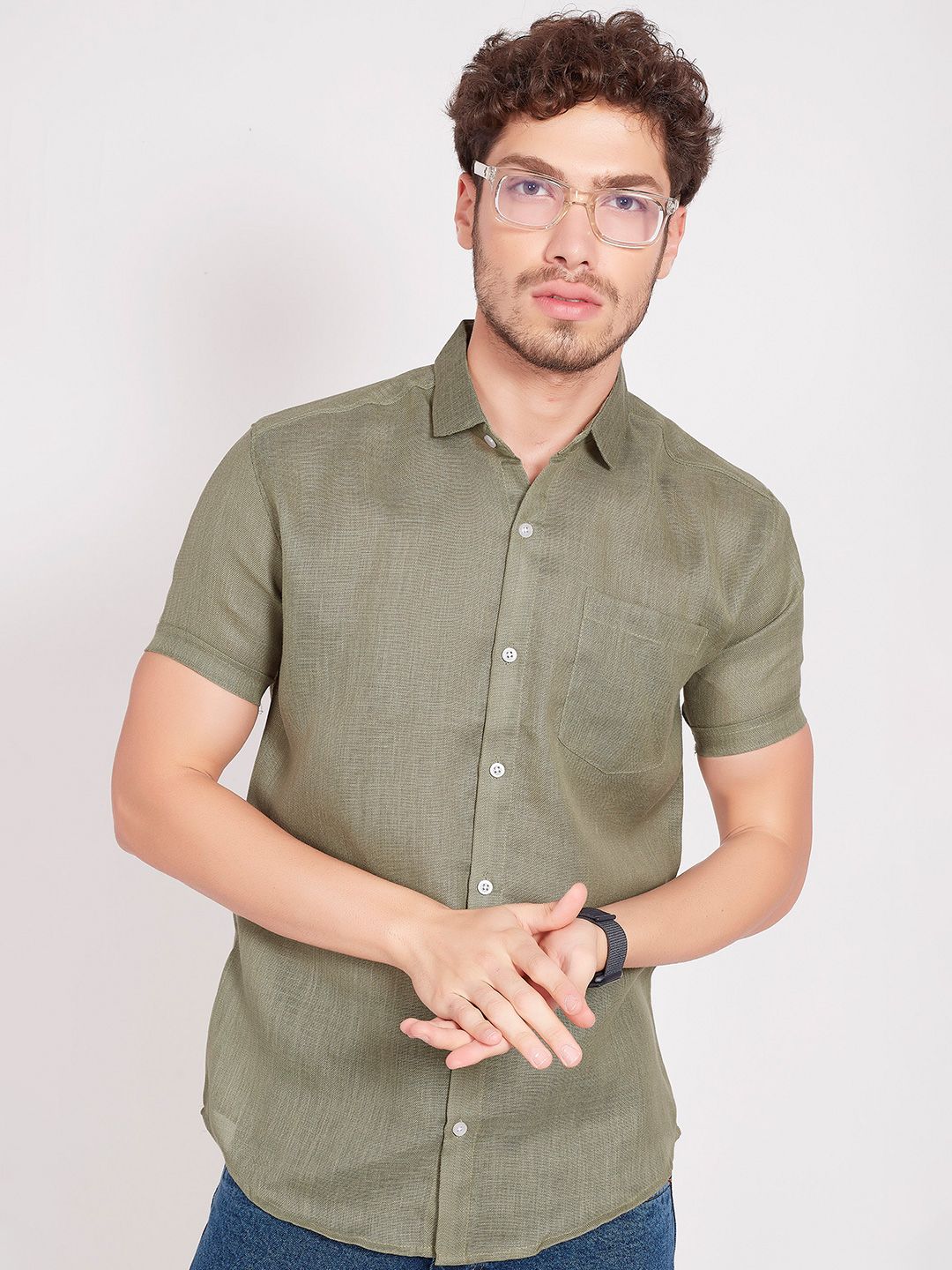 THE BEETEL HOUSE Men Comfort Slim Fit Textured Spread Collar Linen Casual Shirt-picture-35