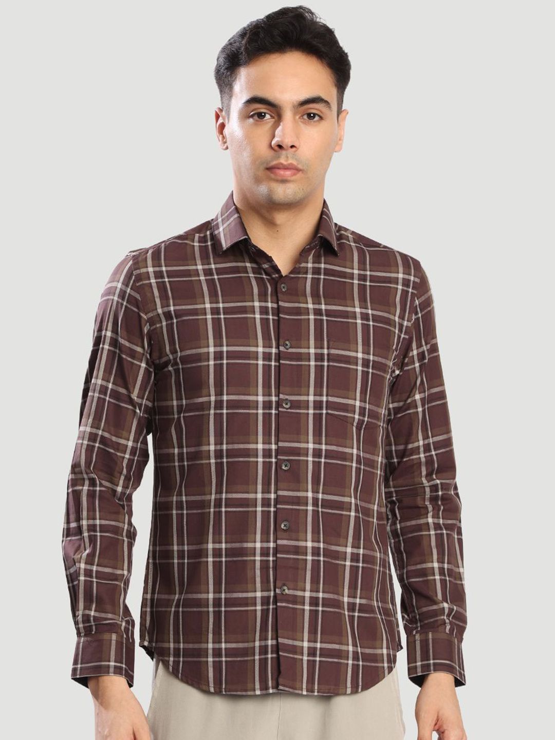 Bene Kleed Men Slim Fit Tartan Checked Spread Collar Cotton Casual Shirt-picture-13