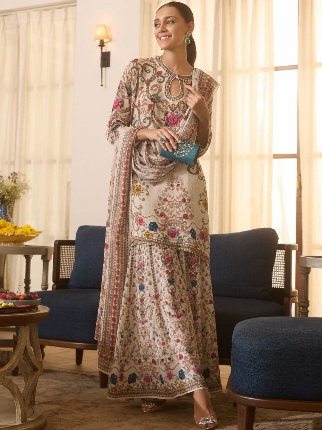 Anouk Ethnic Motifs Printed Keyhole Neck Straight Kurta With Sharara & Dupatta