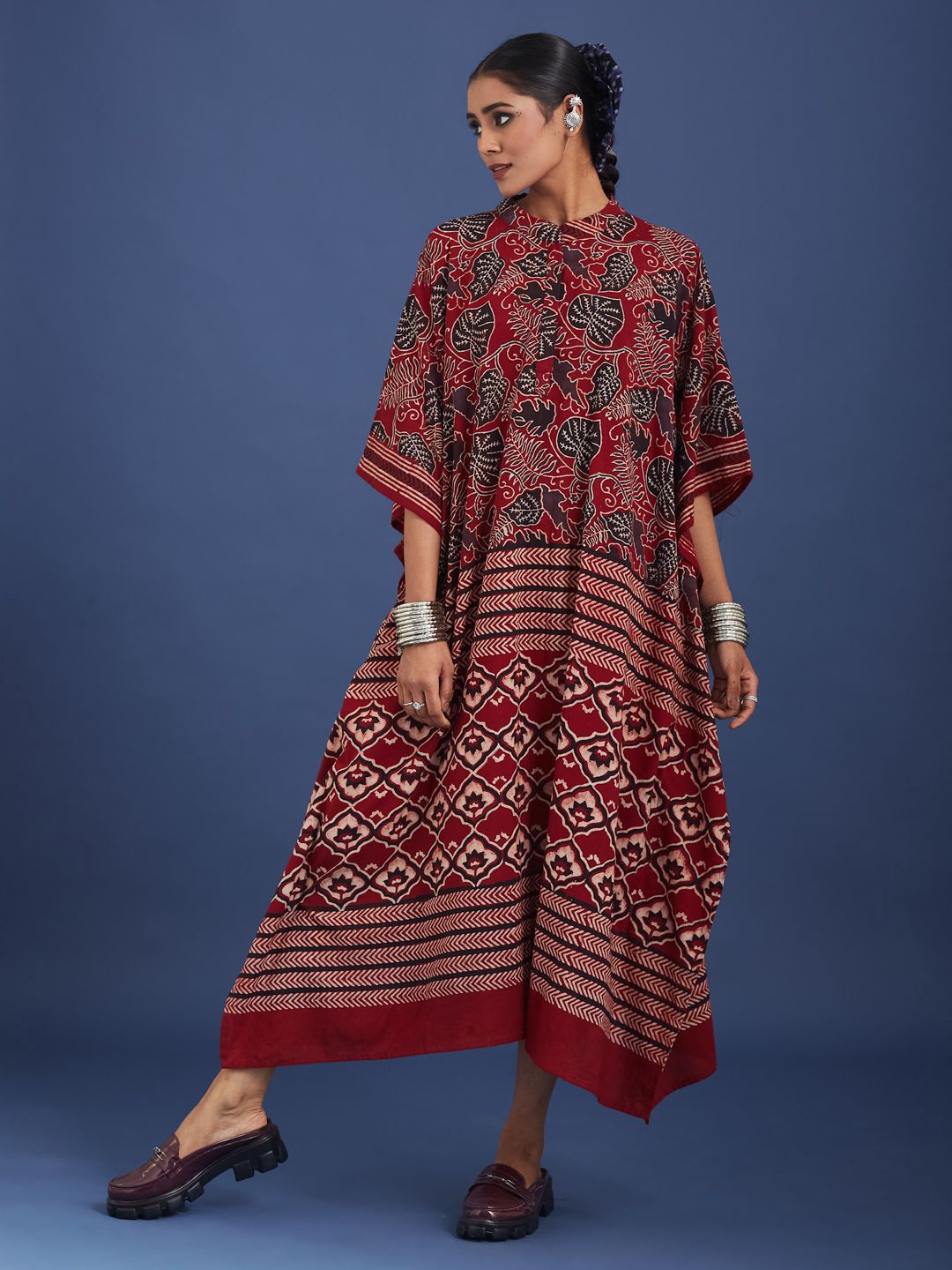 Taavi Women Ajrakh Block Print Cotton Kaftan Ethnic Dress With Batwing Sleeves-picture-37