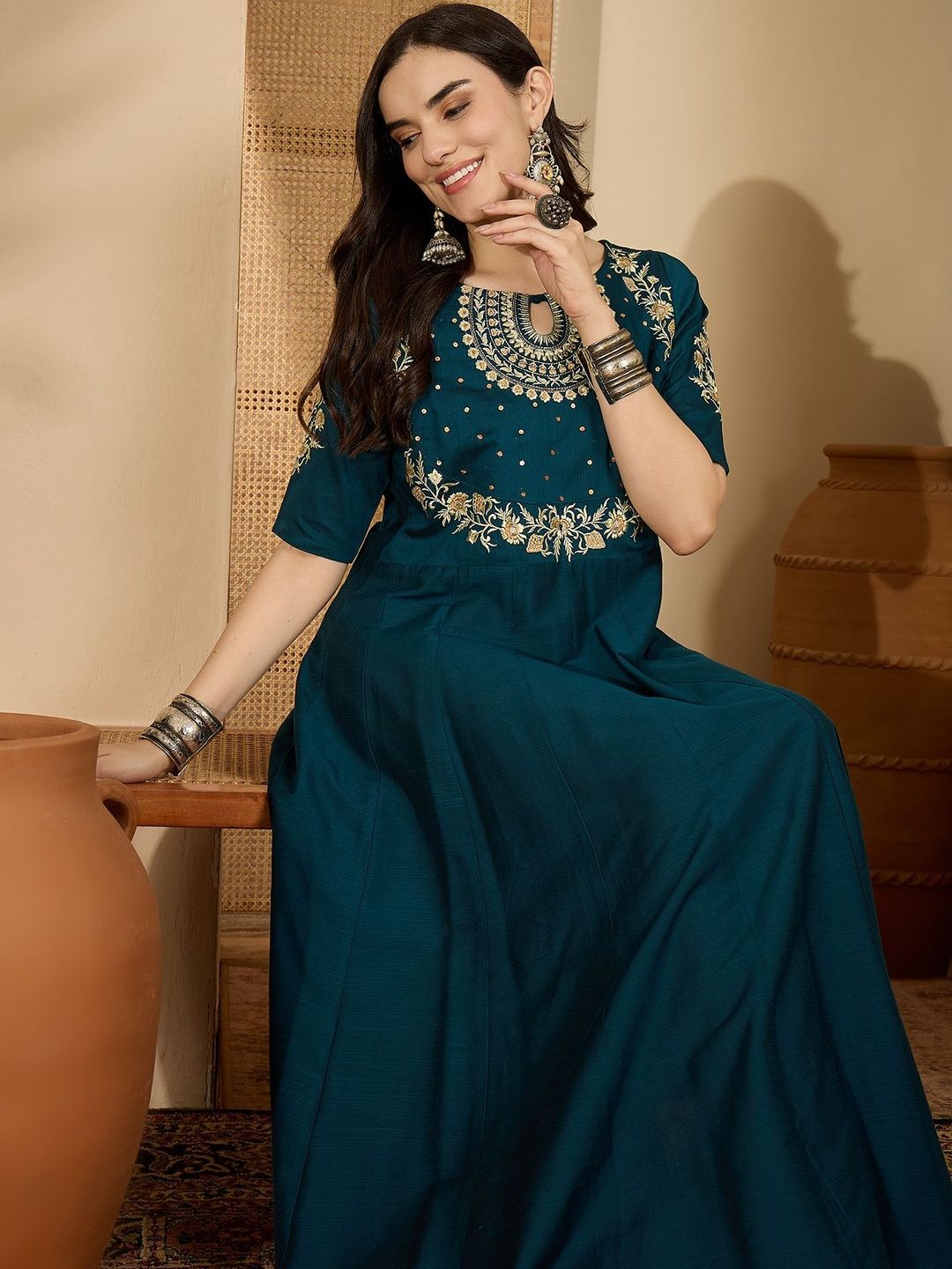 Sangria Women Floral Embroidered Ethnic Dress