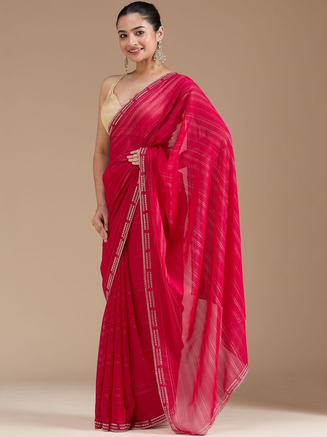 Koskii Women Stonework Rani Pink Chiffon Saree With Unstitched Blouse-picture-34