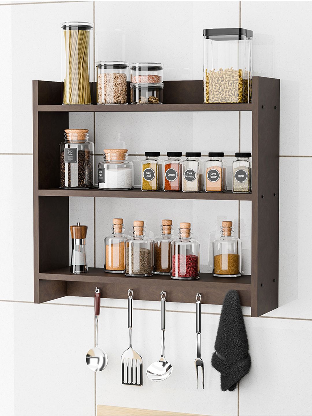 Kuber Industries Wood Wall Mounted Kitchen Rack with Hooks with Utensil Hooks-picture-15