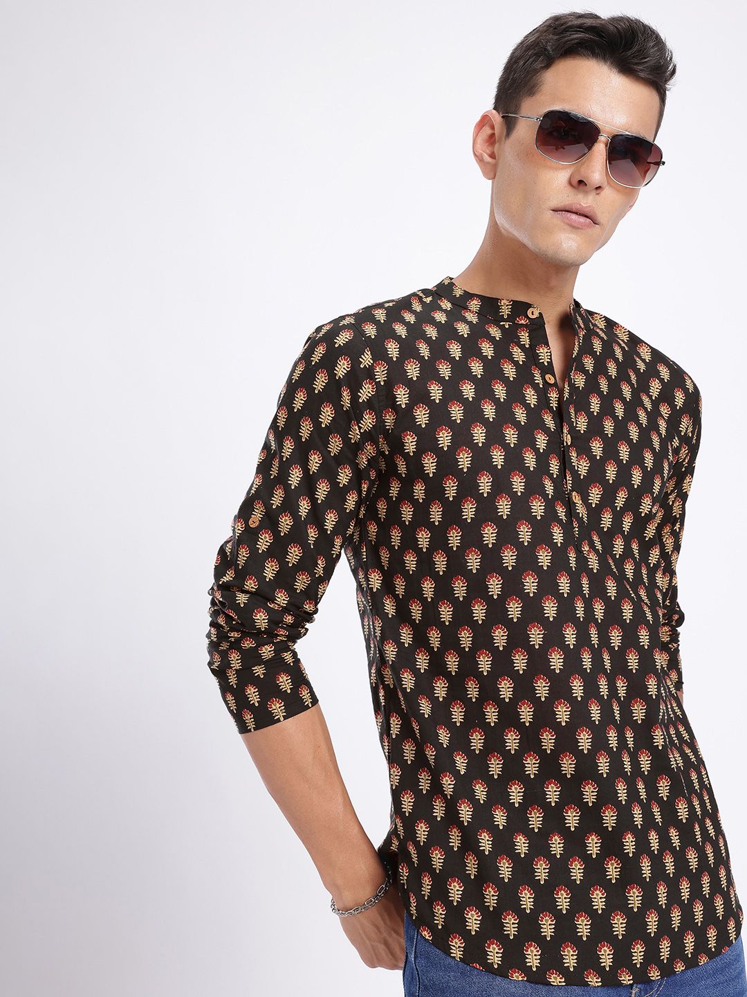 Anouk Rustic Indie Floral Printed Band Collar Kurta-picture-57